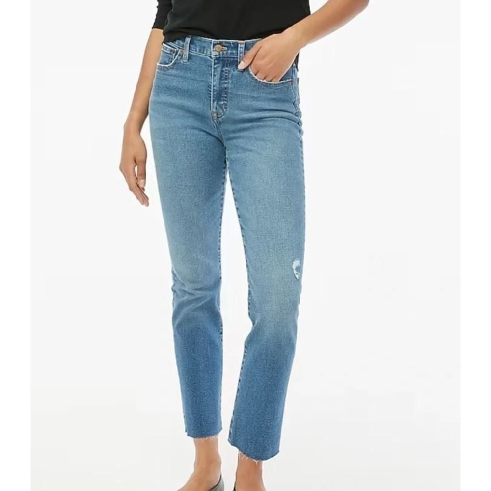 J.Crew Essential Straight High Rise Raw Hem‎ Jeans Running Lake 29 Distressed
